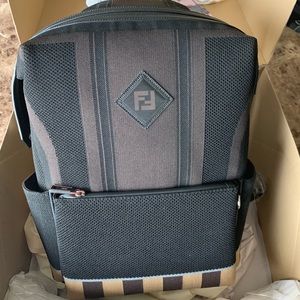 FENDI Backpack Knit Calf Brown FF Logo